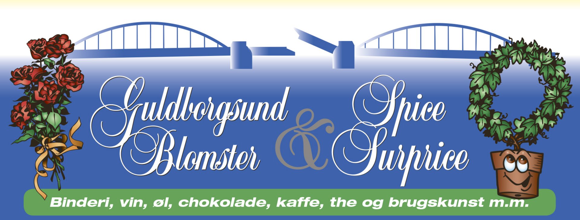 Logo for Guldborgsund Blomster & Spice Surprise med billeder af roser og en urtepotte. Teksten nævner produkter som bindere, vin, øl, chokolade, kaffe og brugskunst. Baggrunden viser en blå farve med et brodesign øverst.